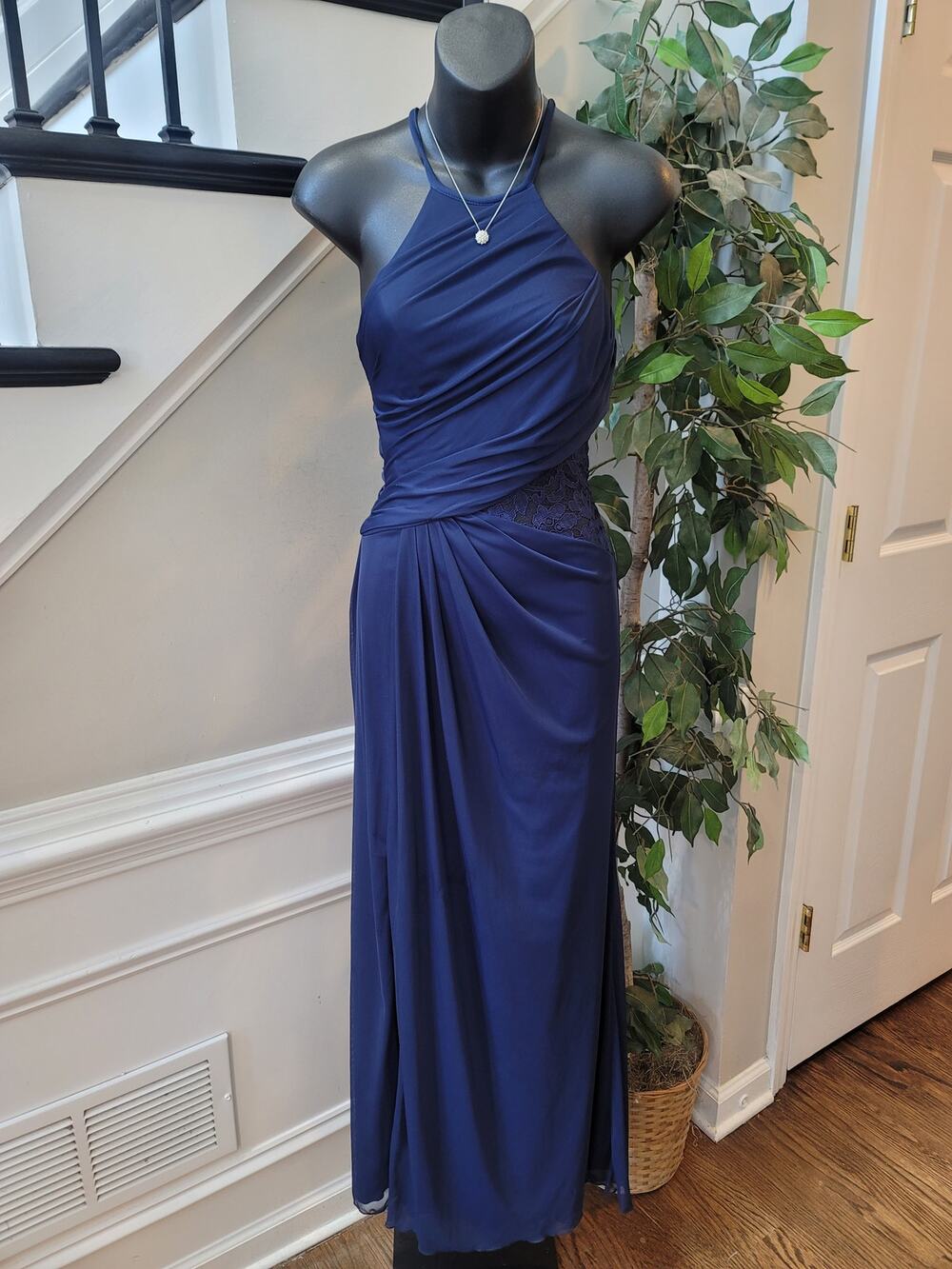 David's Bridal Maxi Dress Women's Size 2 Navy Blue 100% Polyester Halter Neck